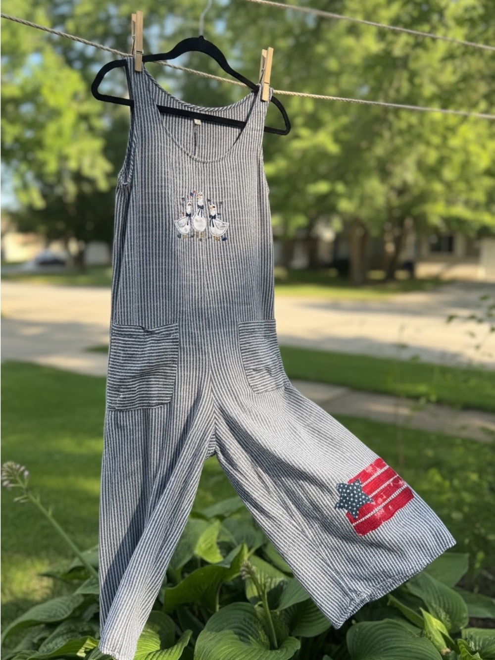 Striped Blue Cotton Upcycled Jumpsuit with Geese, American Flag Patriotic Patch